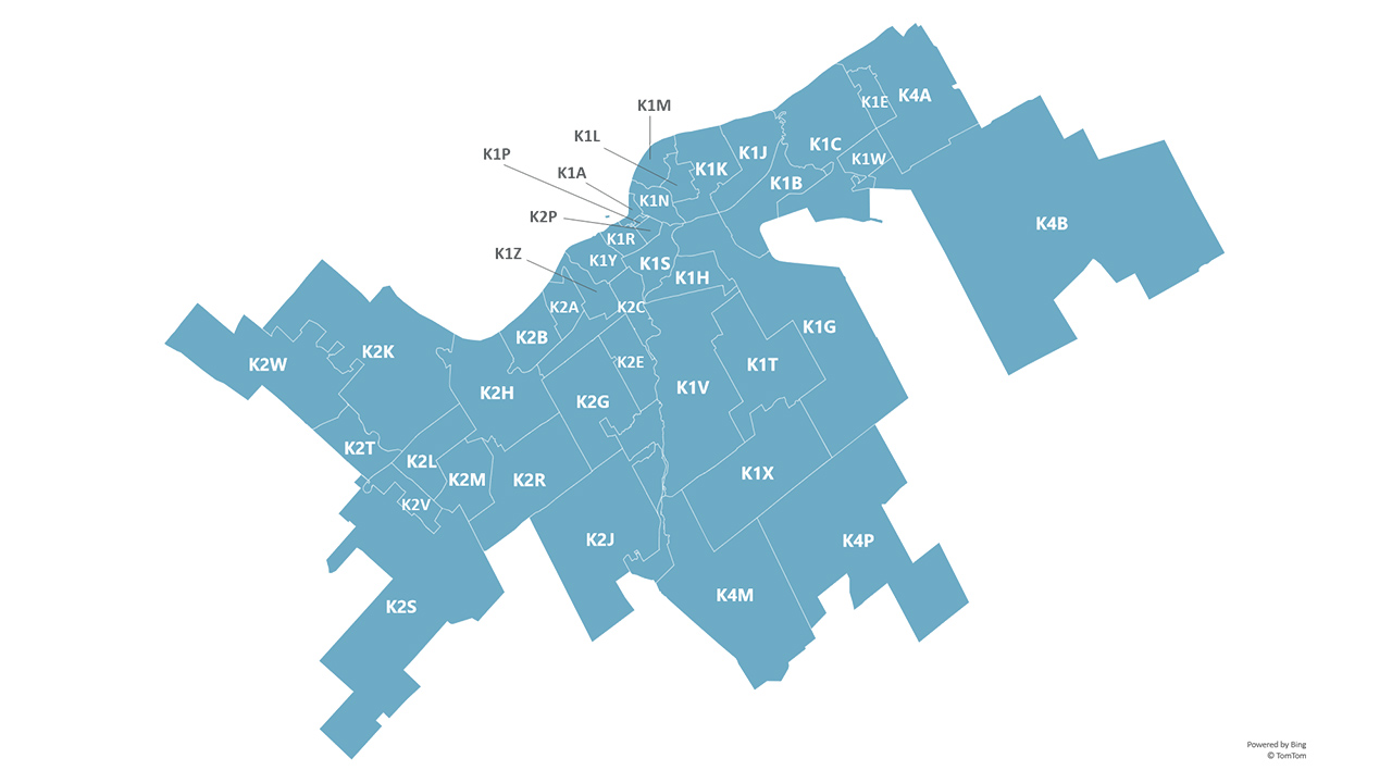 Map of eligible Ottawa postal-code areas for the BizEnergySaver Program