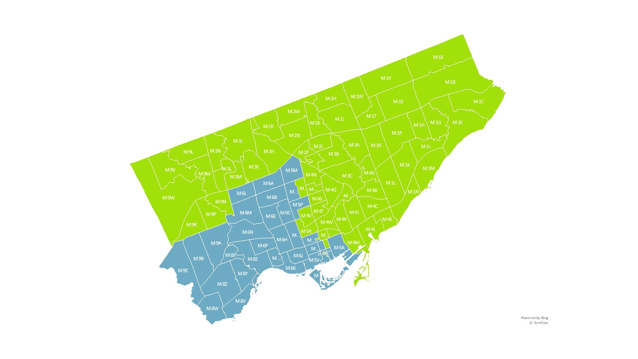 Map of Toronto showing that all M postal codes are eligible for the BizEnergySaver Program