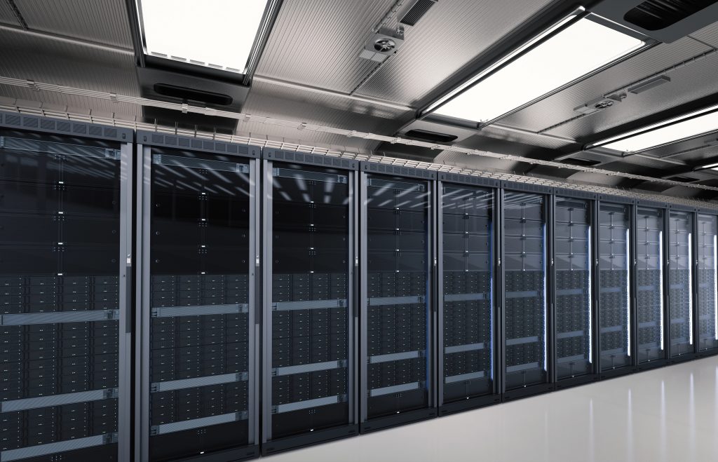 Server racks in a data hall with cool aisle containment