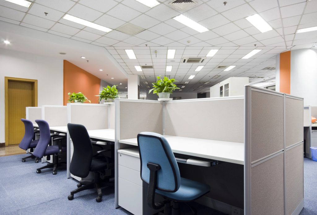 Open-plan office interior with workstations and daylight