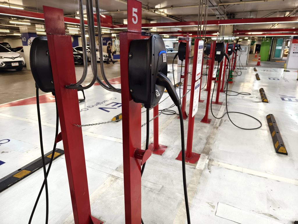 EV charging stations installed in a parking garage