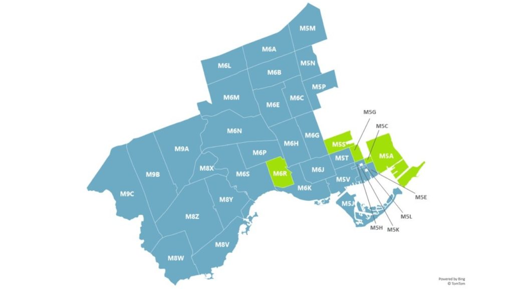 Map of eligible postal-code zones across Toronto