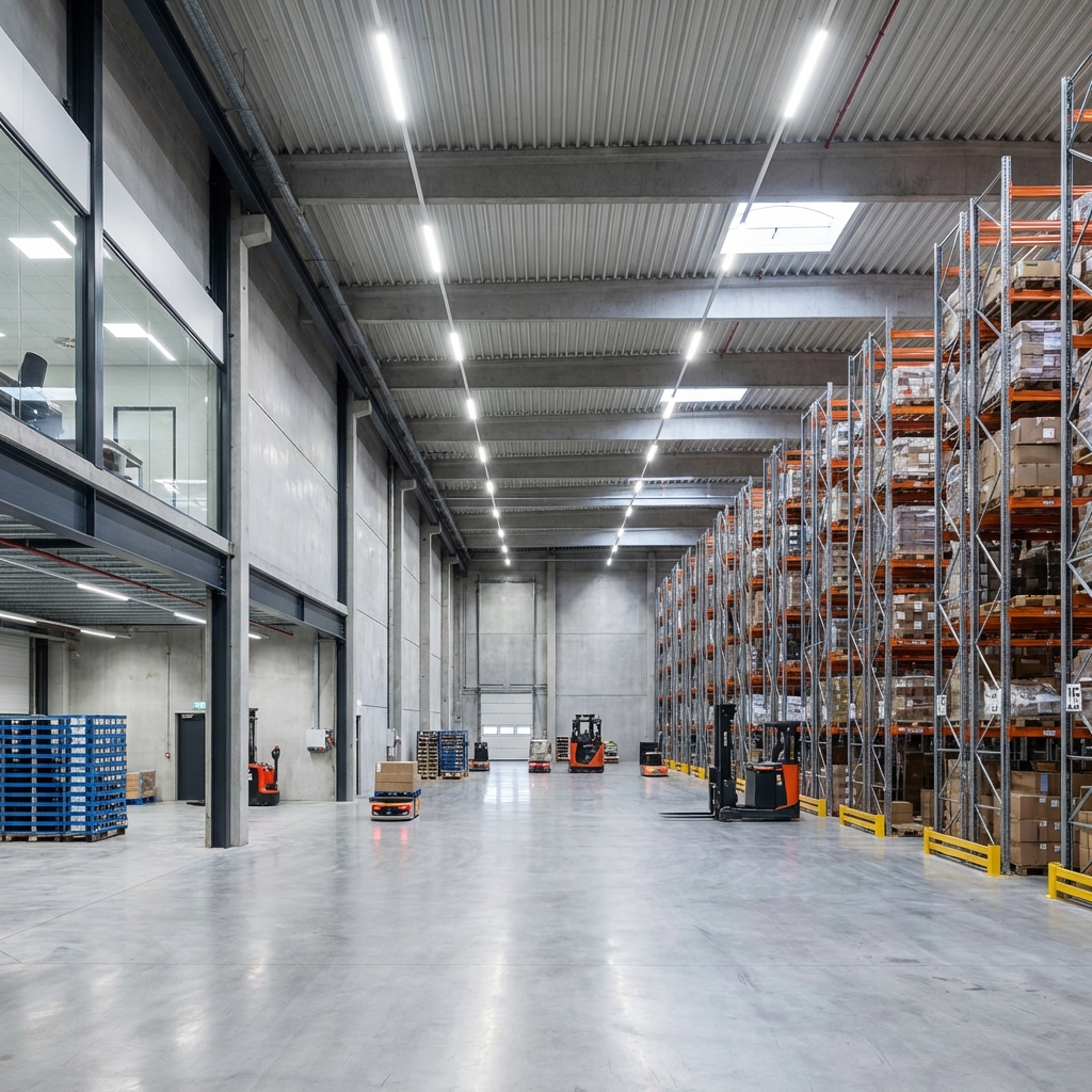 High-bay LED fixtures lighting a warehouse aisle